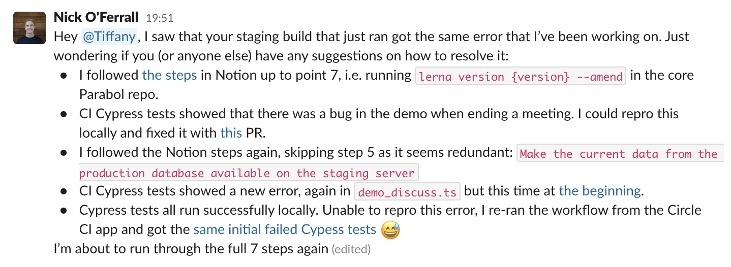 slack message coordinating work in public channels