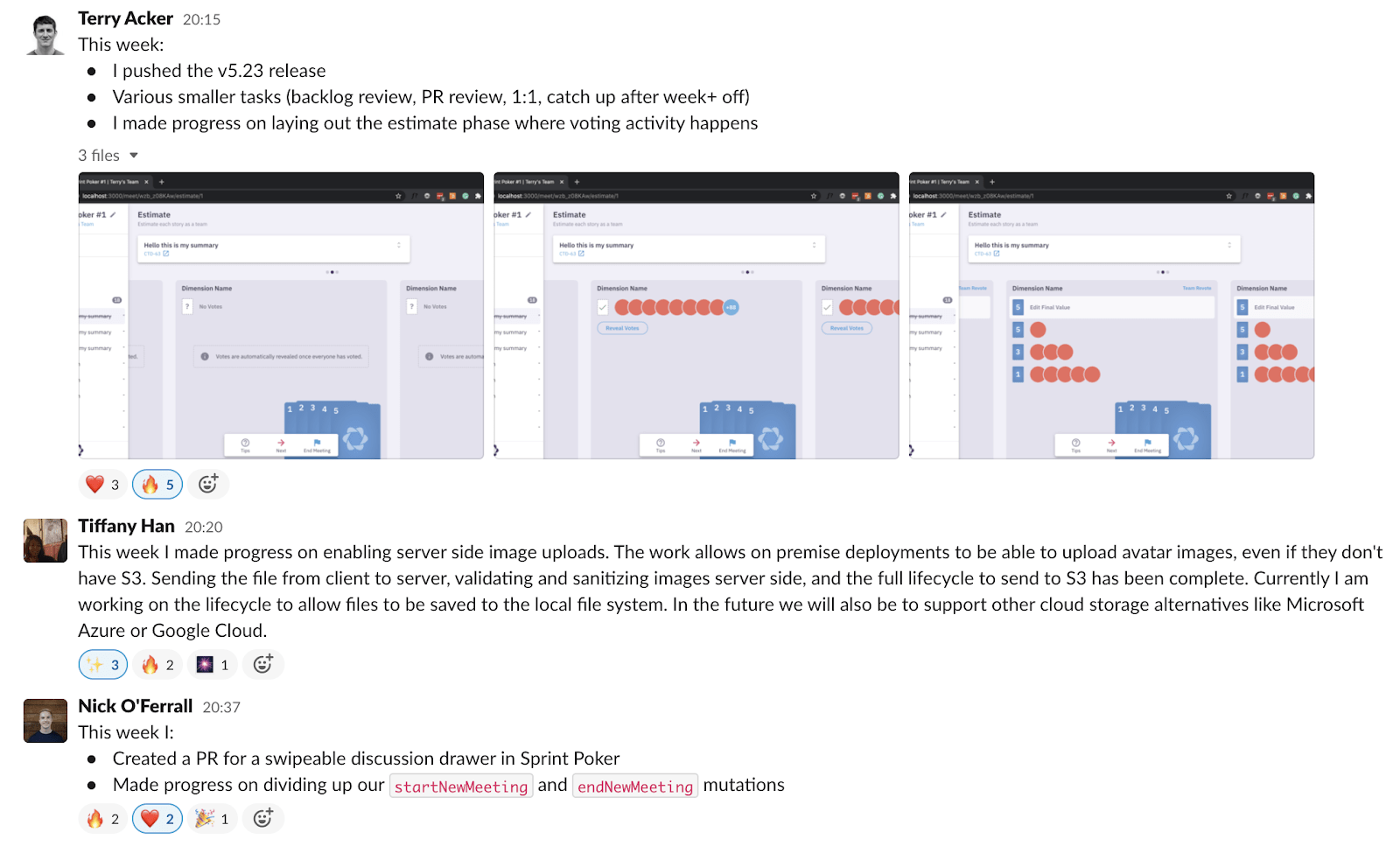 example of sharing the week's work in a public company channel