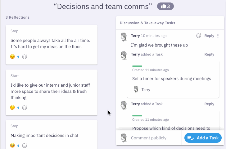 Adding tasks directly in the meeting space in Parabol