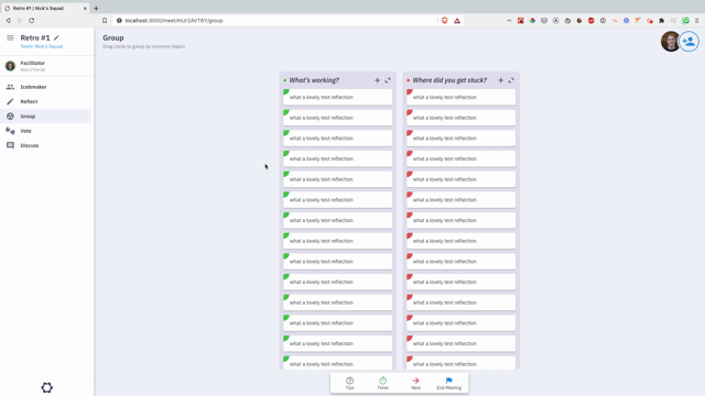 Expand columns in the Group and Vote phases to make the most of your screen space in a sprint retrospective