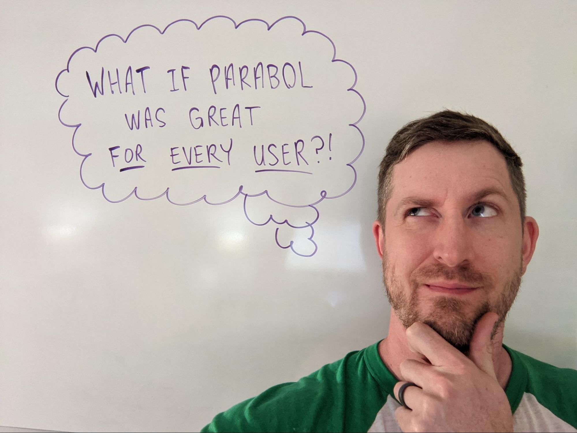 Terry, Parabol's Lead Designer, with thought bubble saying, "What if Parabol was great for every user?"