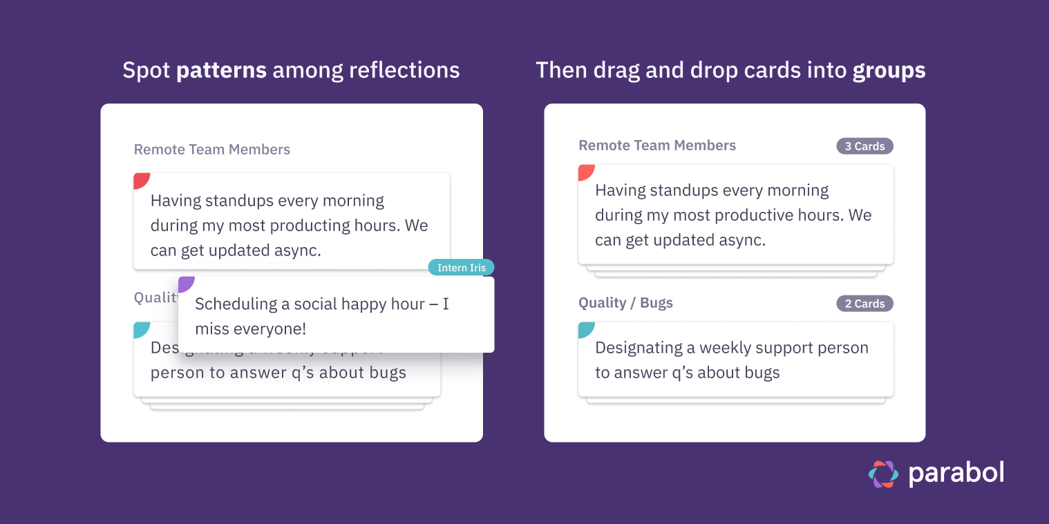 Illustration of how grouping cards in a retrospective can show patterns