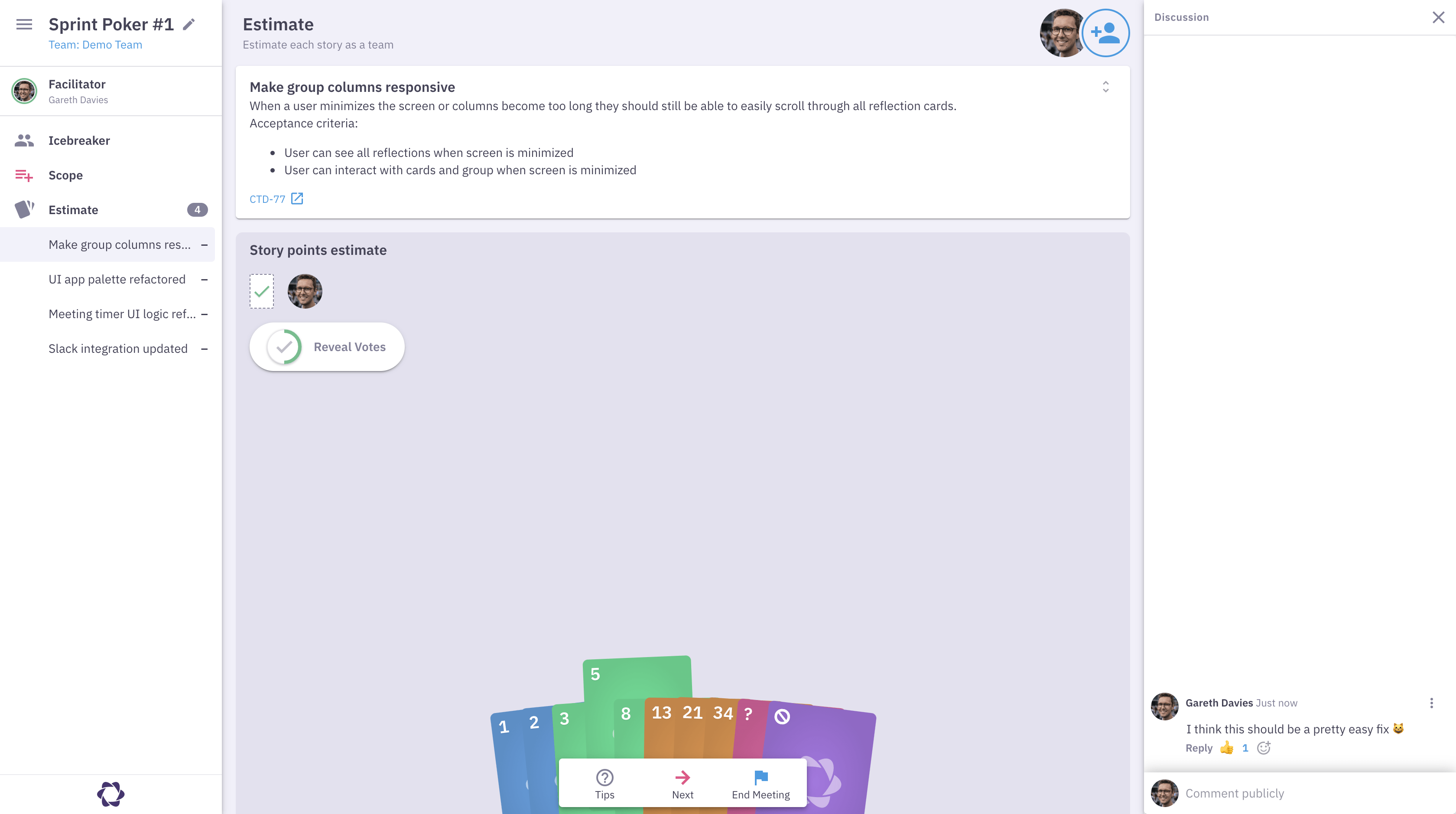 Sprint Poker estimation phase in Parabol Parabol sprint poker estimation phase