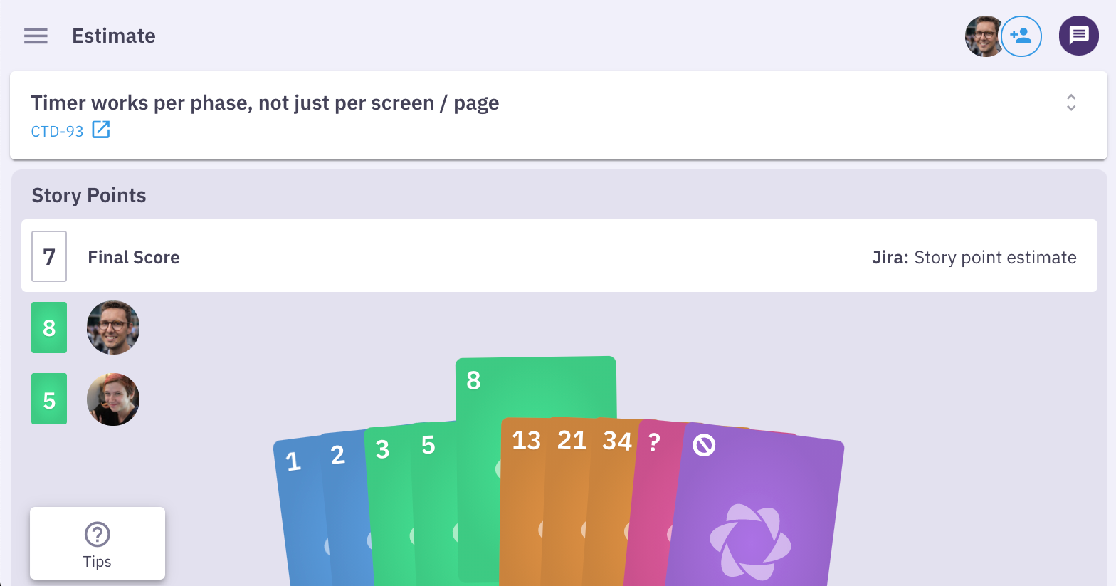 Fibonacci Scale used in Agile Estimation meeting on Parabol