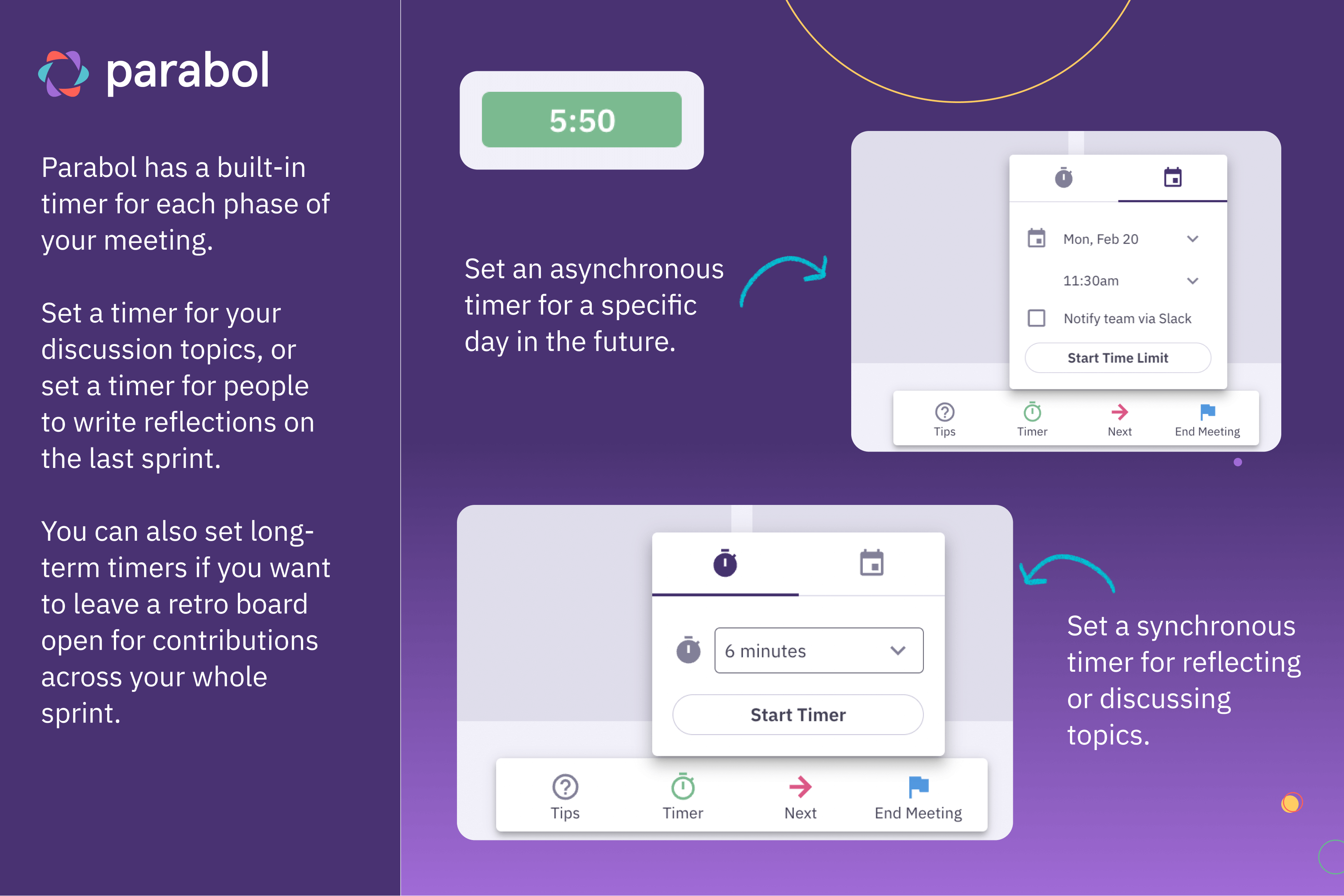 Parabol product screenshots showing how the timer function works in the product.