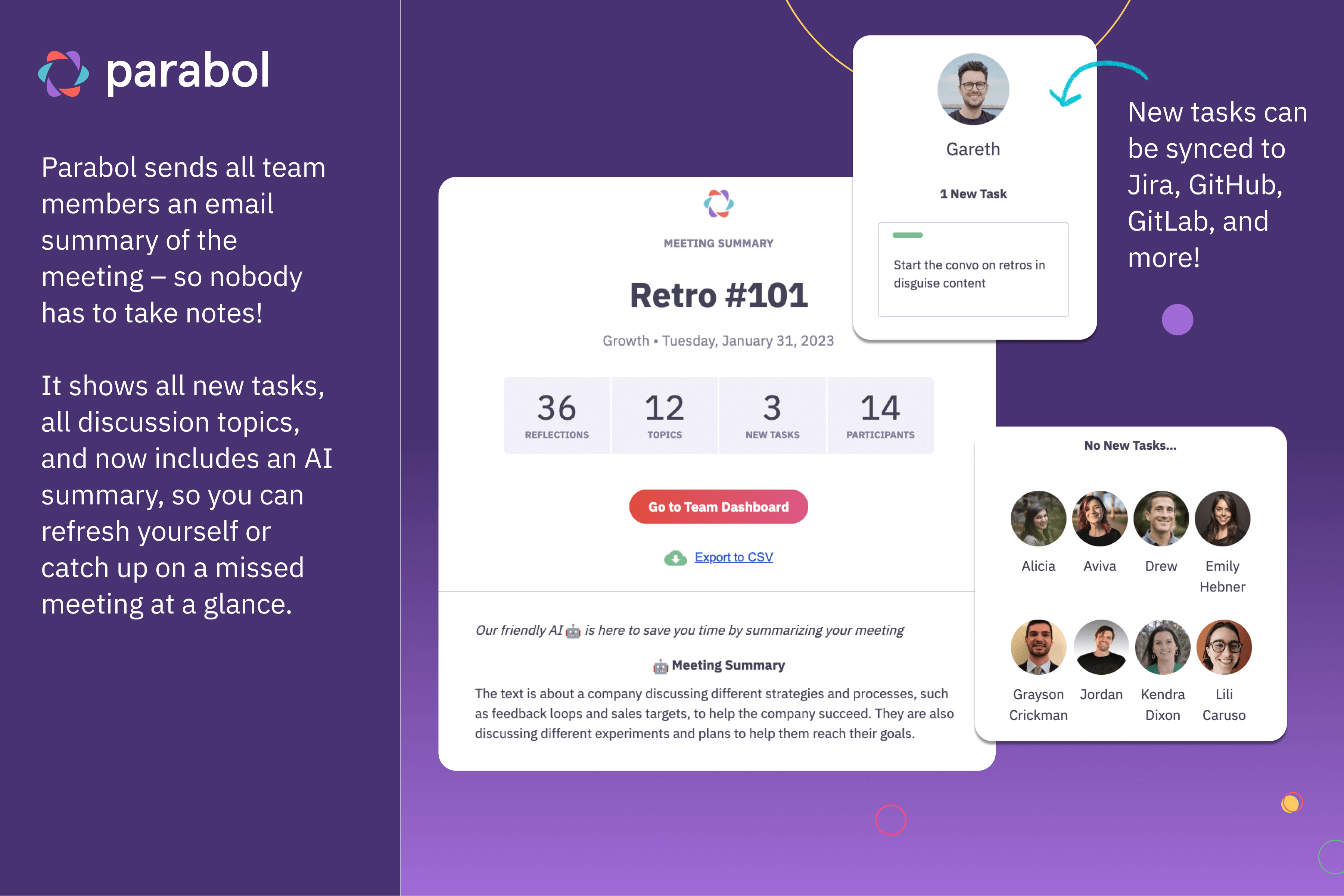 Parabol product screenshots showing the email summary, including the AI component and what new tasks look like.
