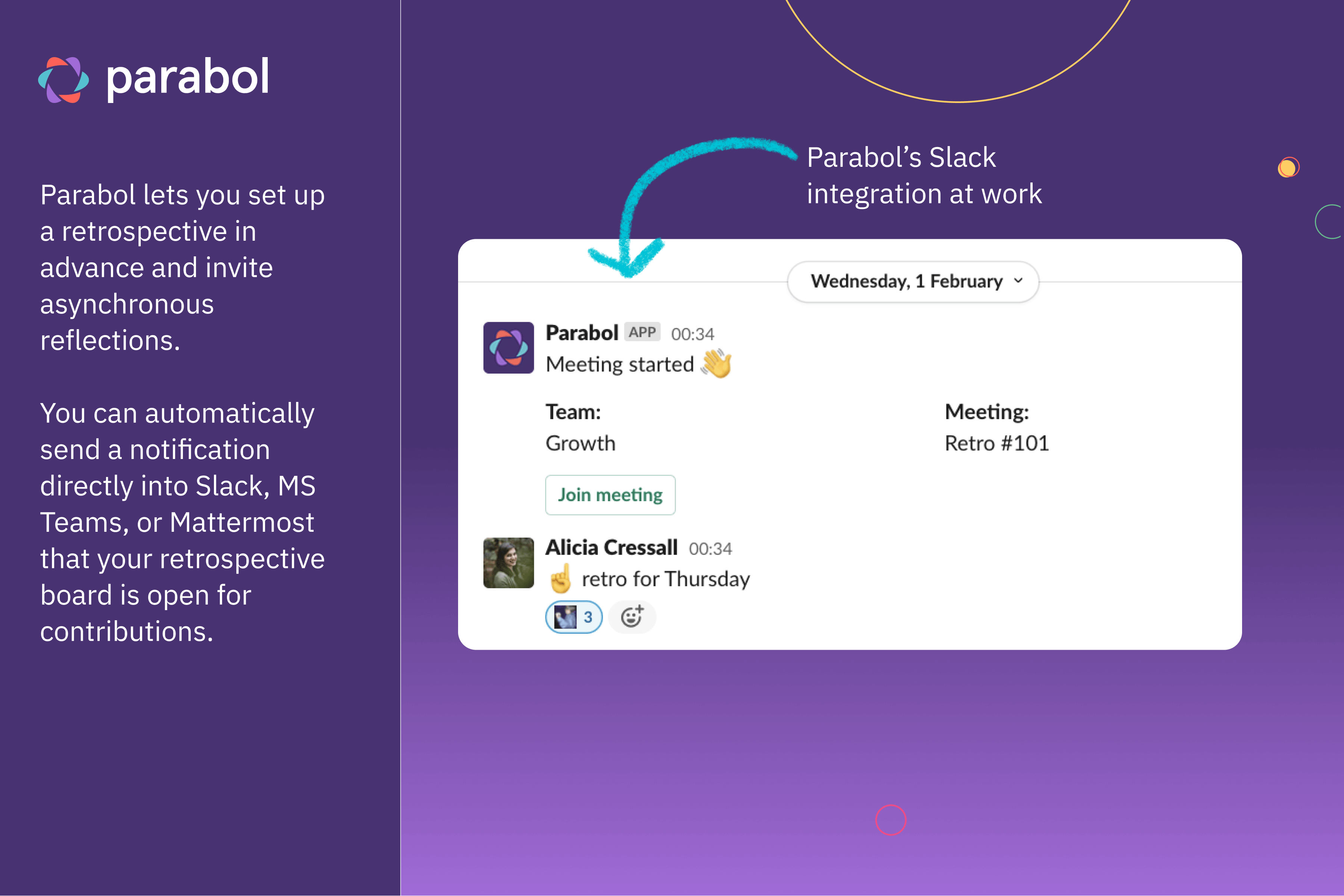 Parabol product screenshot showing what the Slack integration looks like.