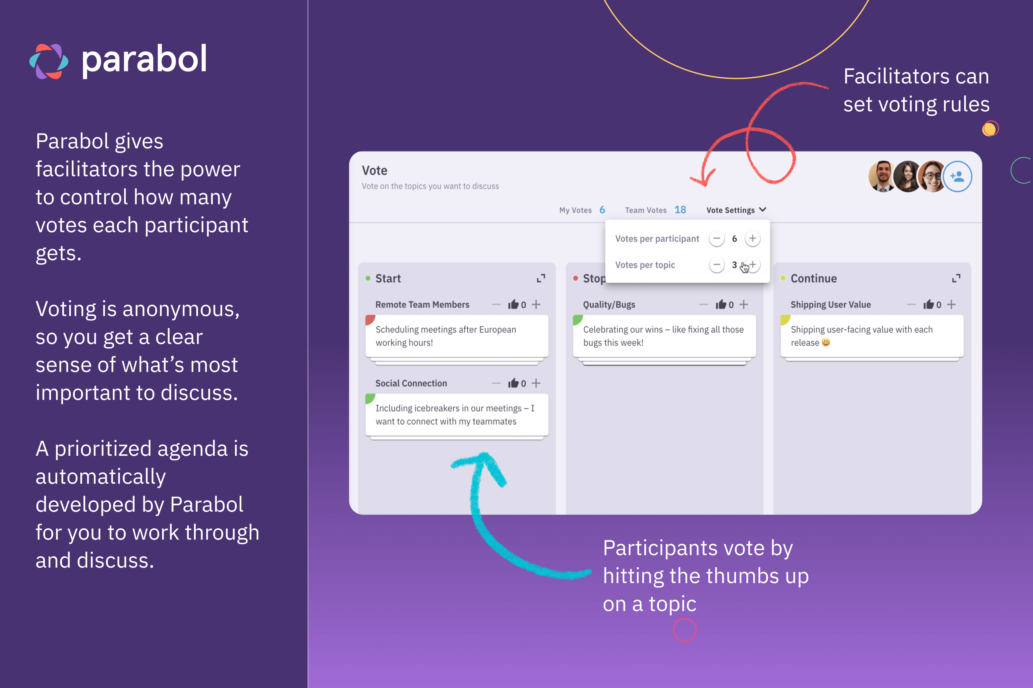 Parabol product screenshot showing how a facilitator can change the number of votes each participant gets.