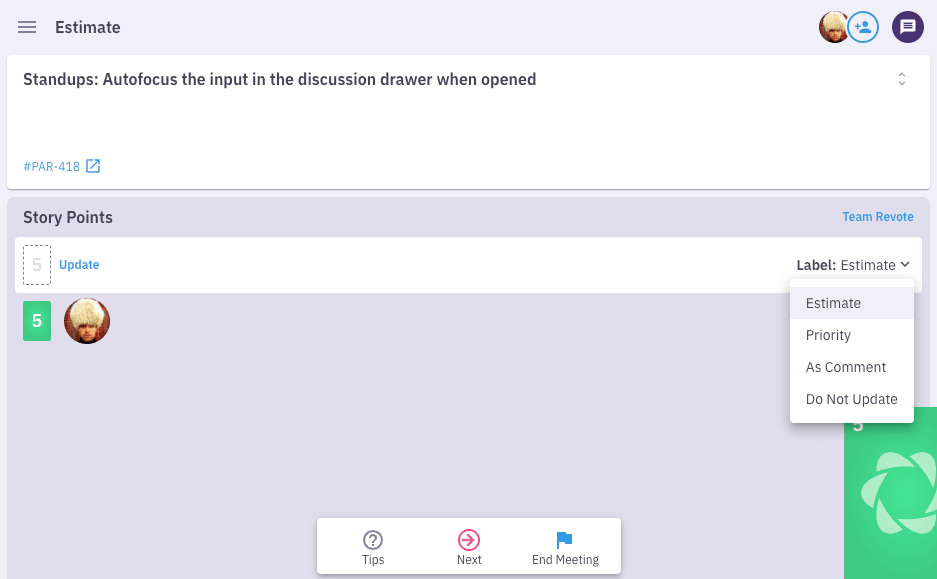 A demonstration of configuring which Linear field Parabol's sprint poker will push its update to for a given Sprint Poker item during a Planning Poker session